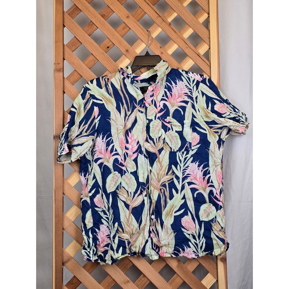 Club Room Luxury Linen Shirt Mens Large Blue Floral Tropical Short Sleeve - VG